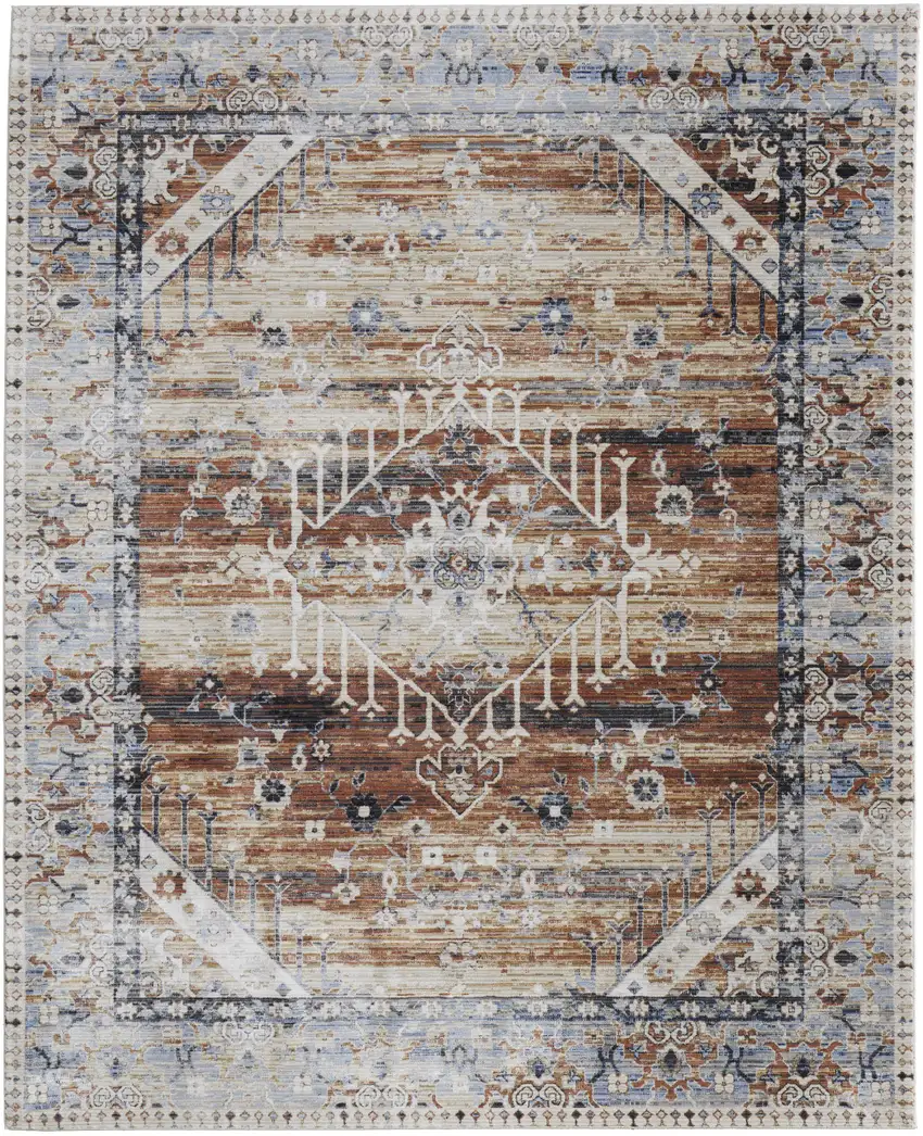 Ivory Red and Blue Abstract Power Loom Worn Faded Area Rug Photo 6