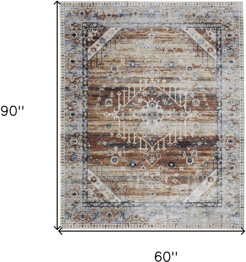 Ivory Red and Blue Abstract Power Loom Worn Faded Area Rug Photo 3