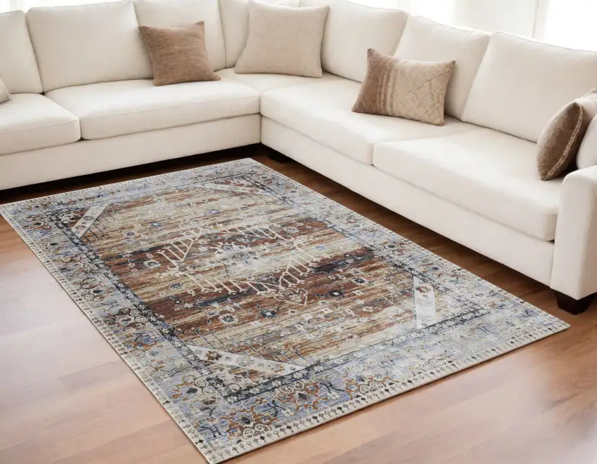 Ivory Red and Blue Abstract Power Loom Worn Faded Area Rug Photo 1