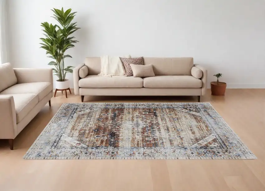 Ivory Red and Blue Abstract Power Loom Worn Faded Area Rug Photo 1