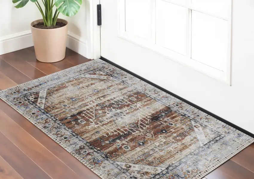 Ivory Red and Blue Abstract Power Loom Worn Faded Area Rug Photo 1