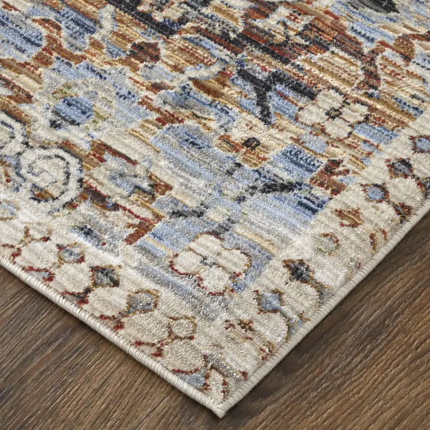 Ivory Red and Blue Abstract Power Loom Worn Faded Area Rug Photo 9