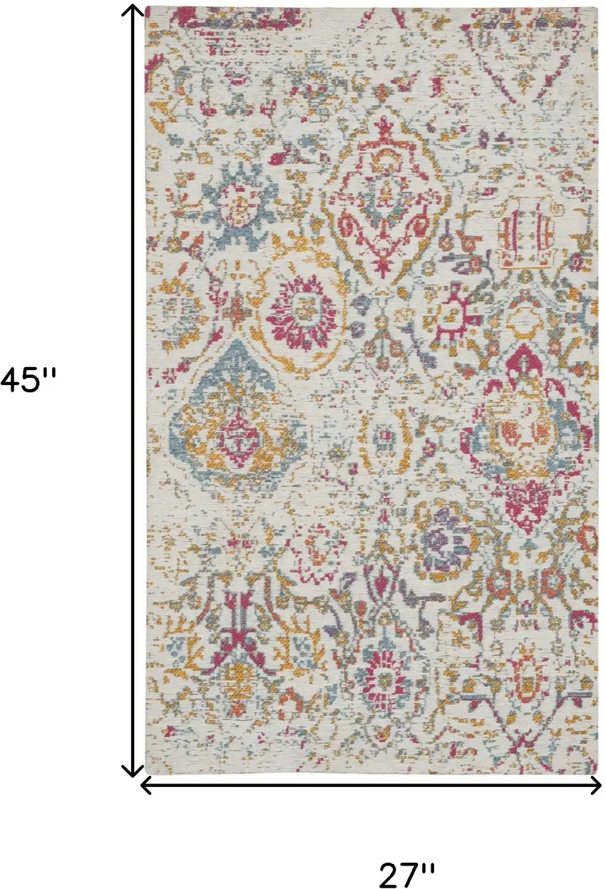 Ivory Red and Blue Damask Distressed Area Rug Photo 3