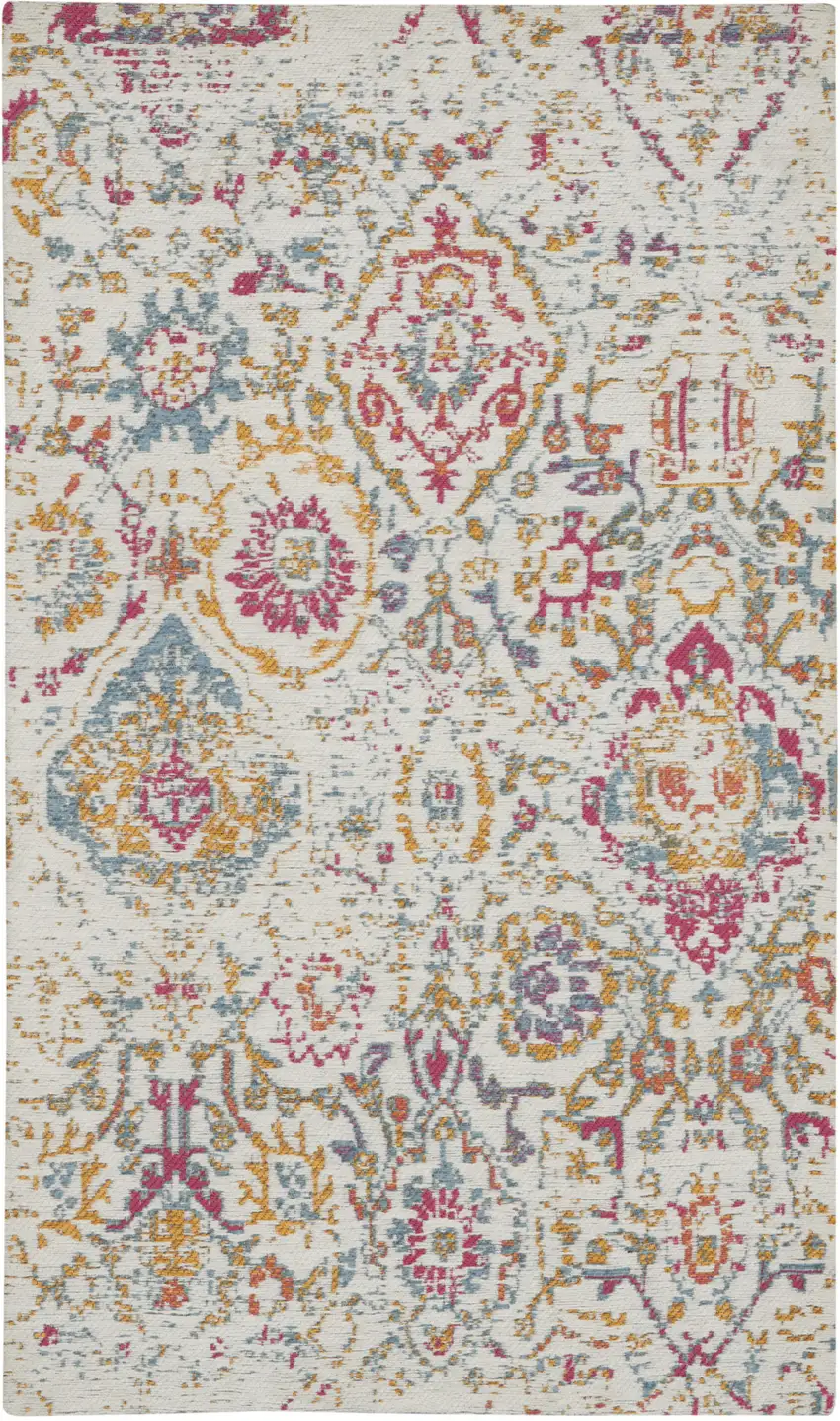 Ivory Red and Blue Damask Distressed Area Rug Photo 2
