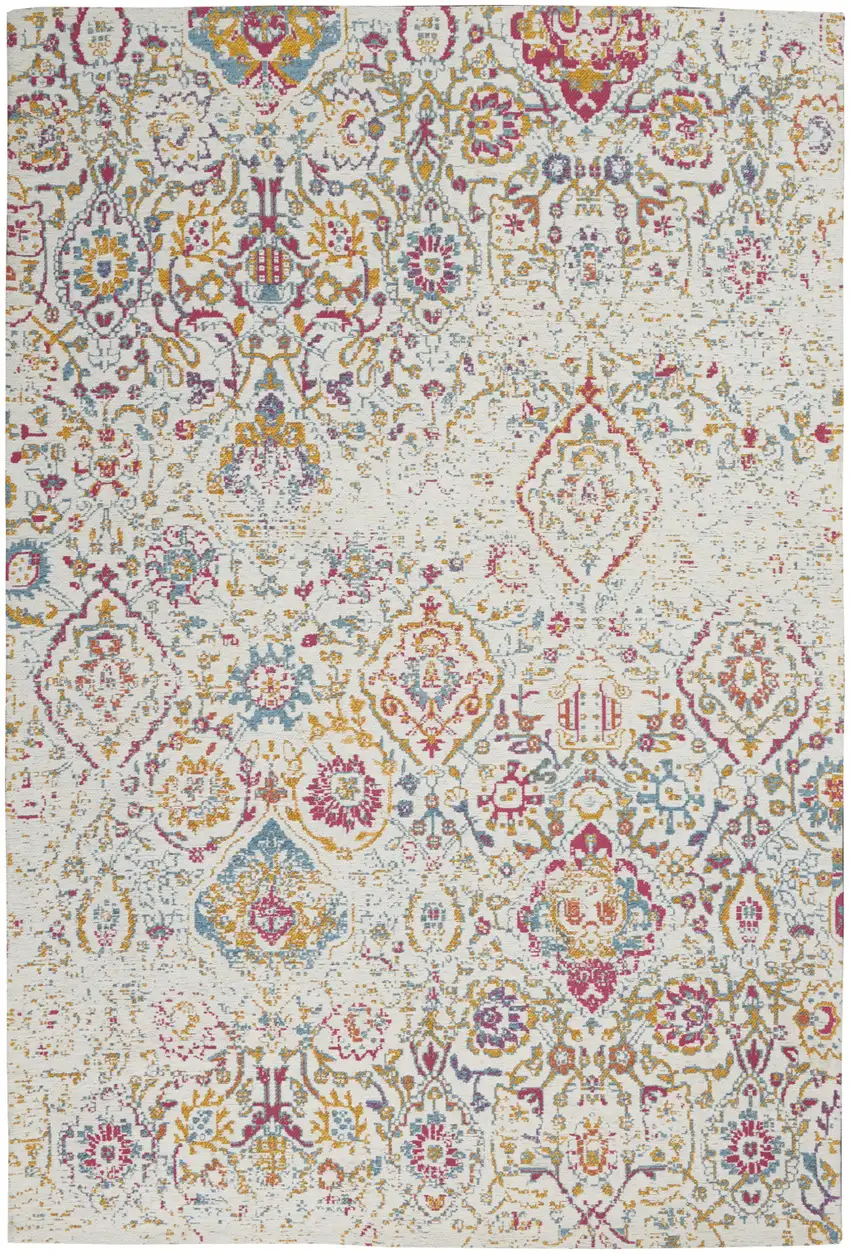Ivory Red and Blue Damask Distressed Area Rug Photo 2