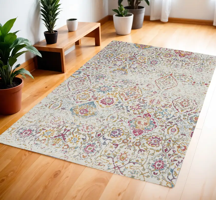 Ivory Red and Blue Damask Distressed Area Rug Photo 1