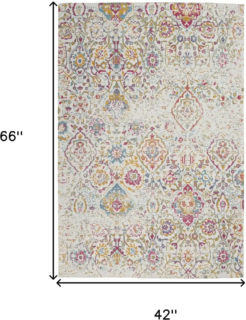 Ivory Red and Blue Damask Distressed Area Rug Photo 3