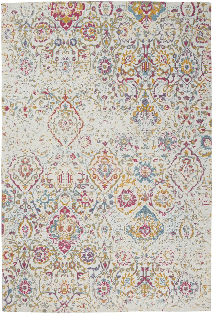 Ivory Red and Blue Damask Distressed Area Rug Photo 5