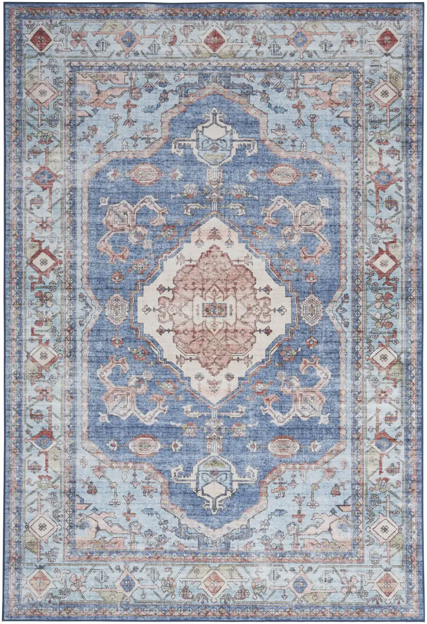 Ivory Red and Blue Floral Distressed Non Skid Area Rug Photo 5