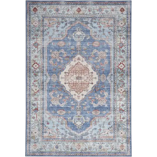 Ivory Red and Blue Floral Distressed Non Skid Area Rug Photo 4