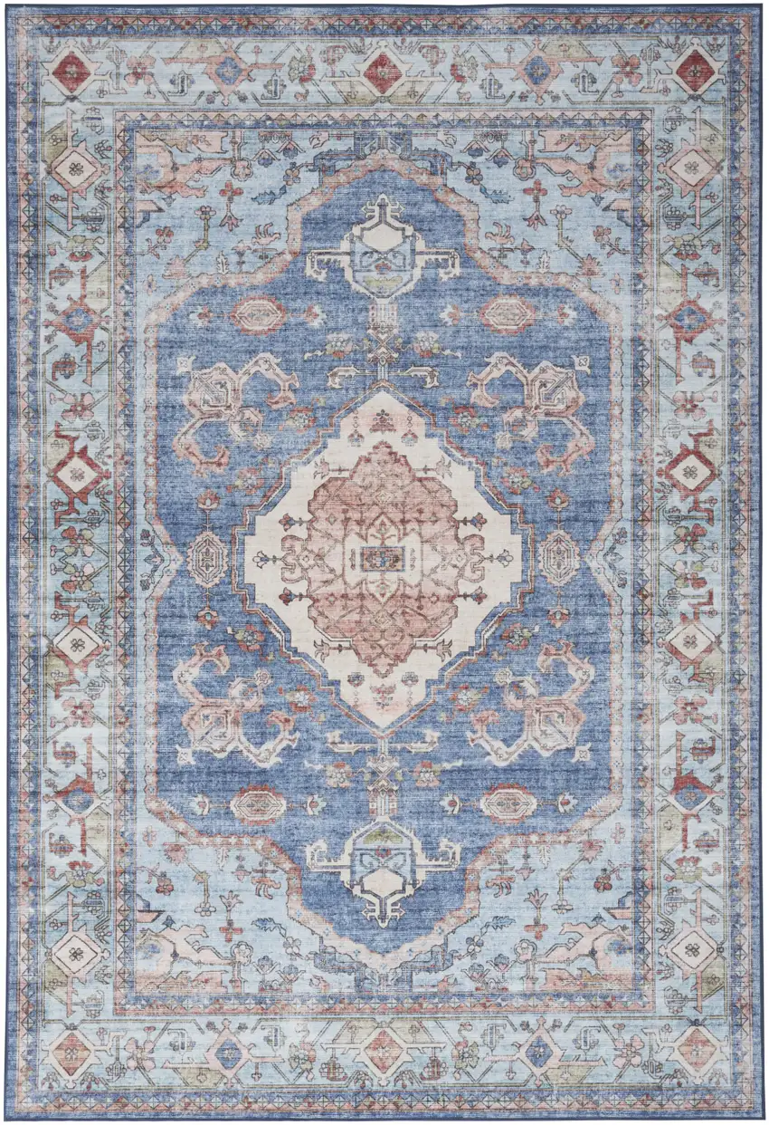 Ivory Red and Blue Floral Distressed Non Skid Area Rug Photo 8