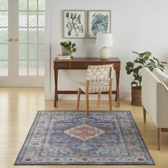 Ivory Red and Blue Floral Distressed Non Skid Area Rug Photo 4