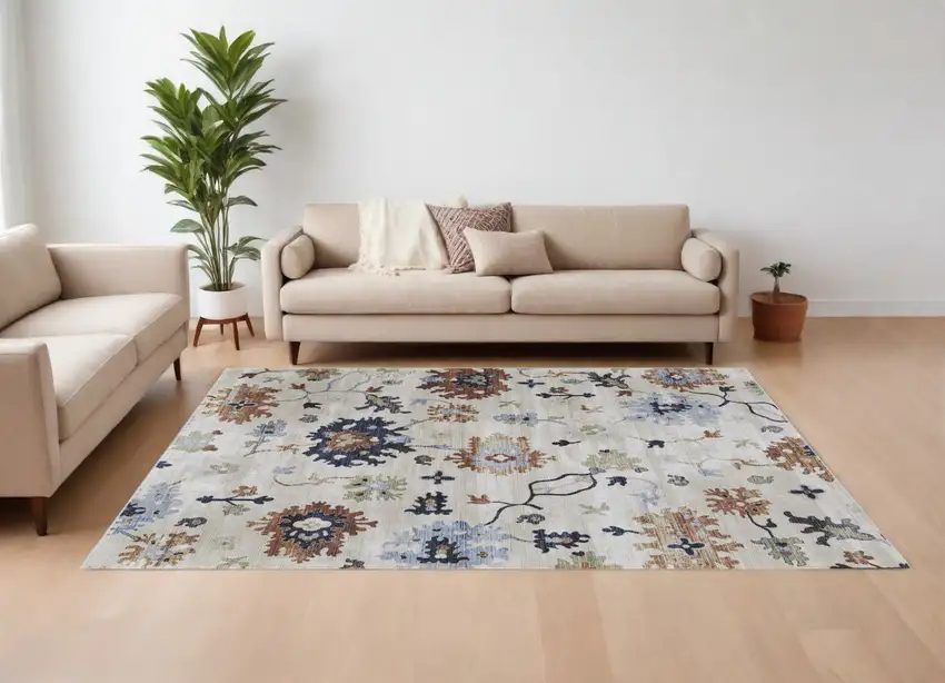 Ivory Red and Blue Floral Power Loom Area Rug Photo 1