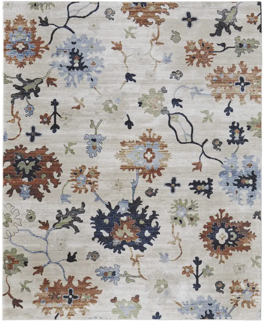 Ivory Red and Blue Floral Power Loom Area Rug Photo 4