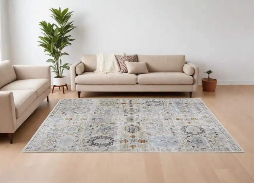 Ivory Red and Blue Floral Power Loom Area Rug Photo 1