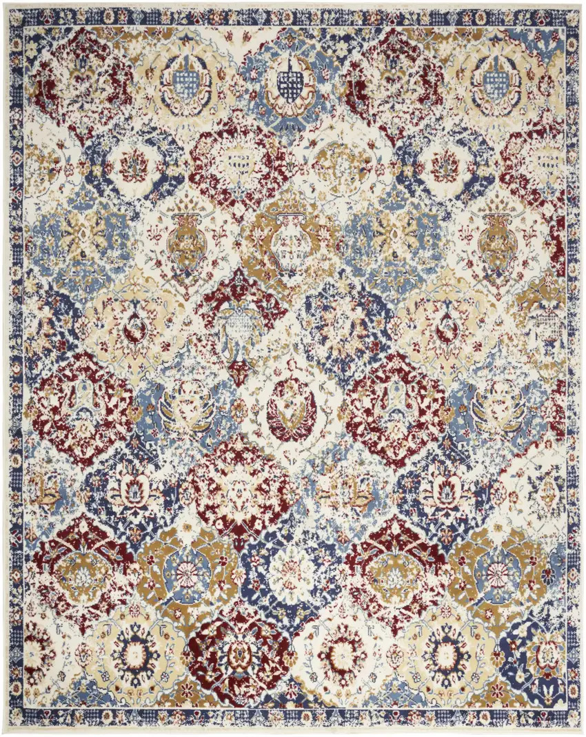 Ivory Red and Blue Geometric Distressed Area Rug Photo 5