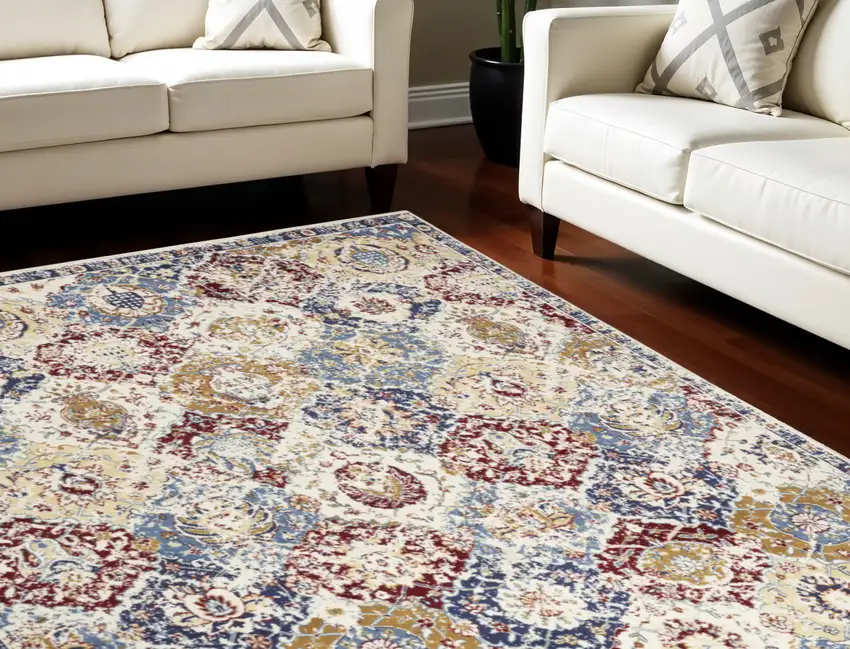 Ivory Red and Blue Geometric Distressed Area Rug Photo 1