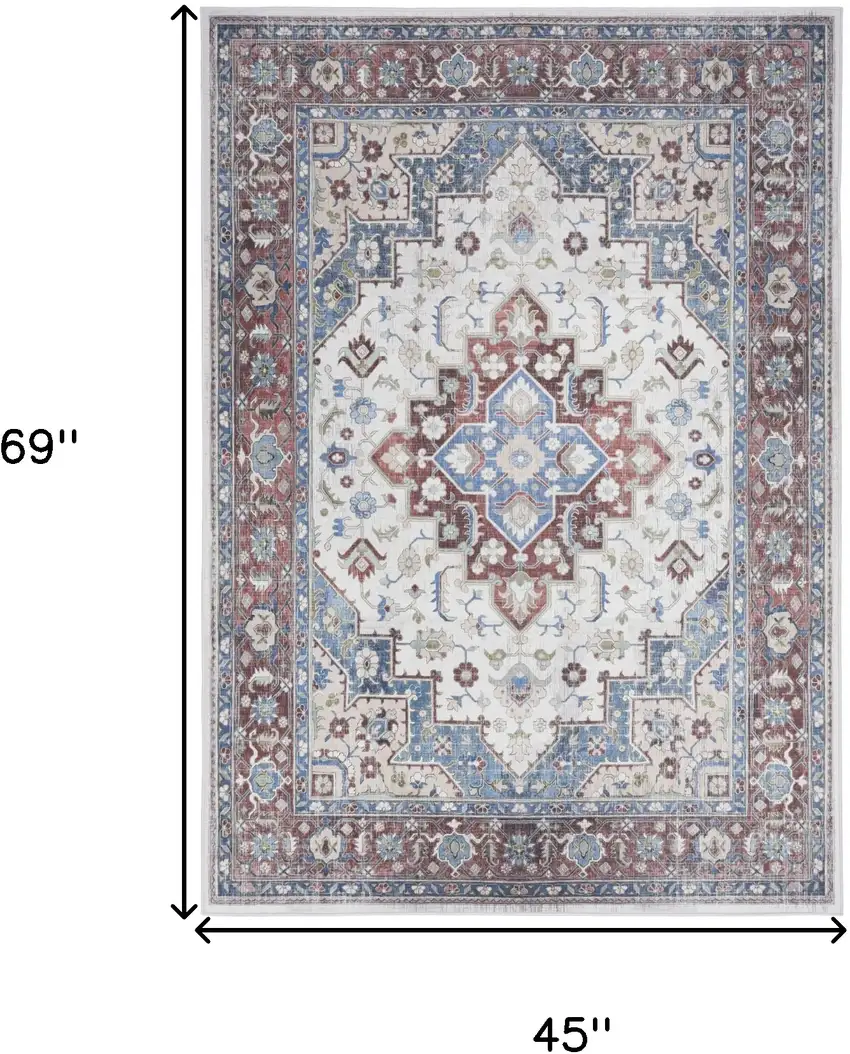 Ivory Red and Blue Medallion Distressed Non Skid Area Rug Photo 3