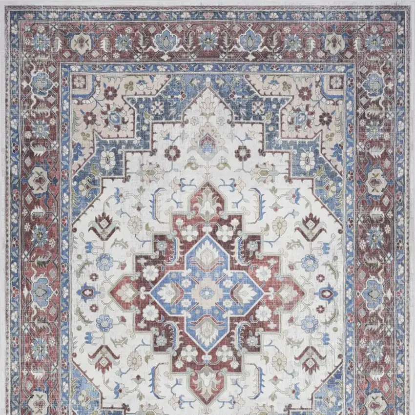 Ivory Red and Blue Medallion Distressed Non Skid Area Rug Photo 3