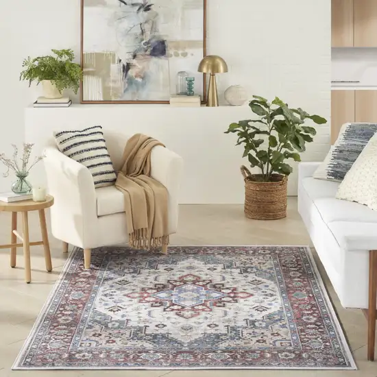 Ivory Red and Blue Medallion Distressed Non Skid Area Rug Photo 5