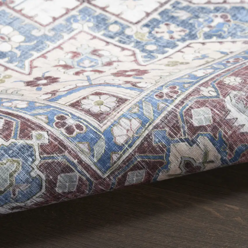 Ivory Red and Blue Medallion Distressed Non Skid Area Rug Photo 9