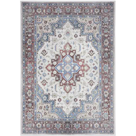 Ivory Red and Blue Medallion Distressed Non Skid Area Rug Photo 4