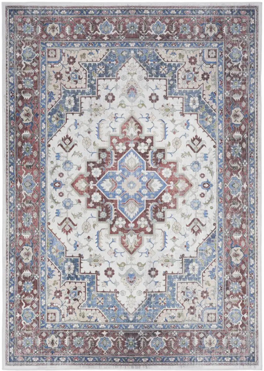 Ivory Red and Blue Medallion Distressed Non Skid Area Rug Photo 4