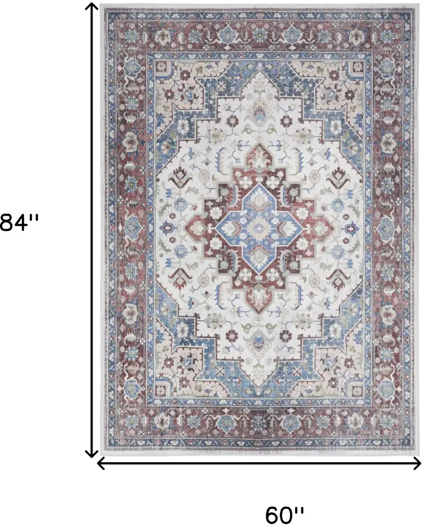 Ivory Red and Blue Medallion Distressed Non Skid Area Rug Photo 3