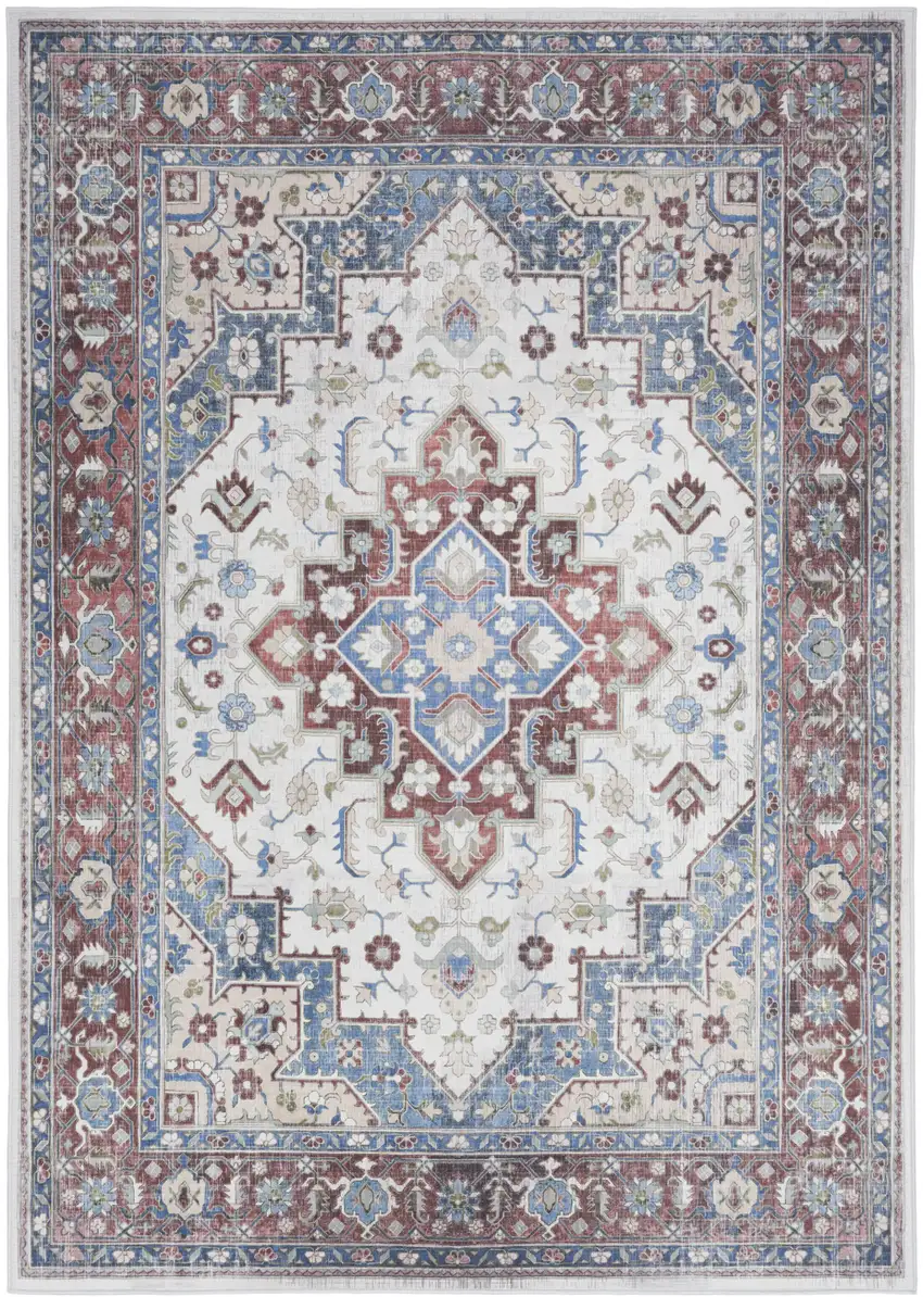 Ivory Red and Blue Medallion Distressed Non Skid Area Rug Photo 2