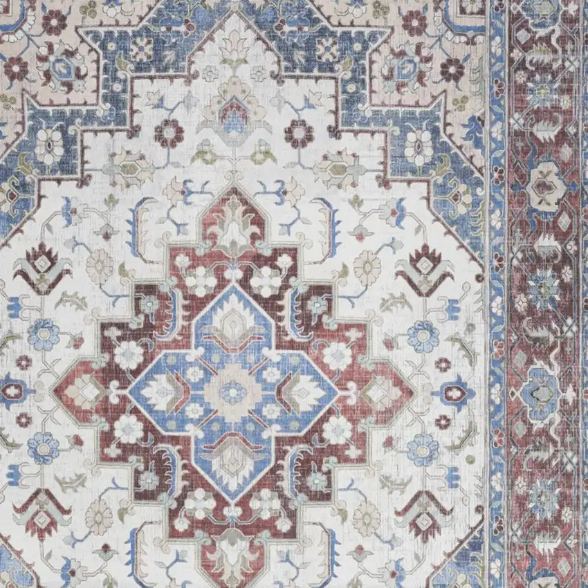 Ivory Red and Blue Medallion Distressed Non Skid Area Rug Photo 1