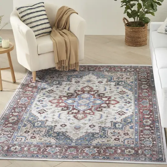 Ivory Red and Blue Medallion Distressed Non Skid Area Rug Photo 6