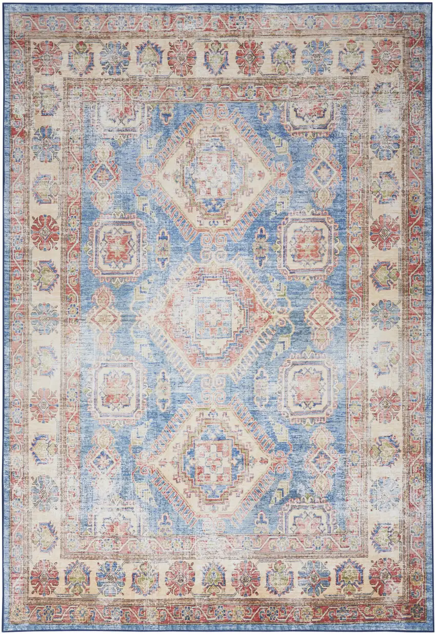 Ivory Red and Blue Medallion Distressed Non Skid Area Rug Photo 9