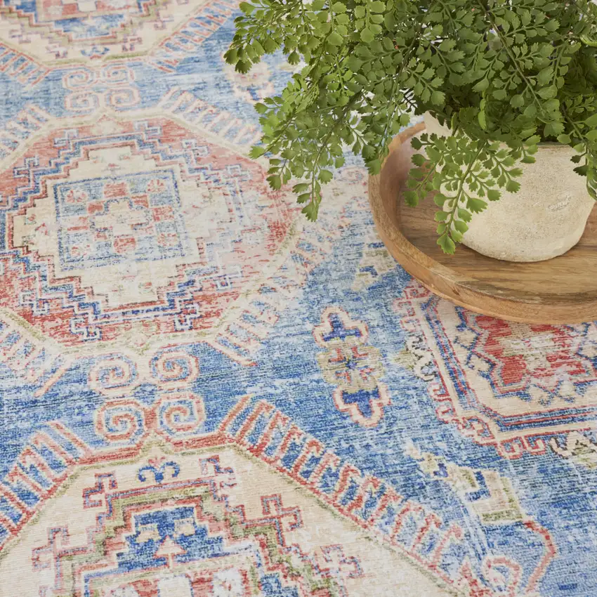 Ivory Red and Blue Medallion Distressed Non Skid Area Rug Photo 8