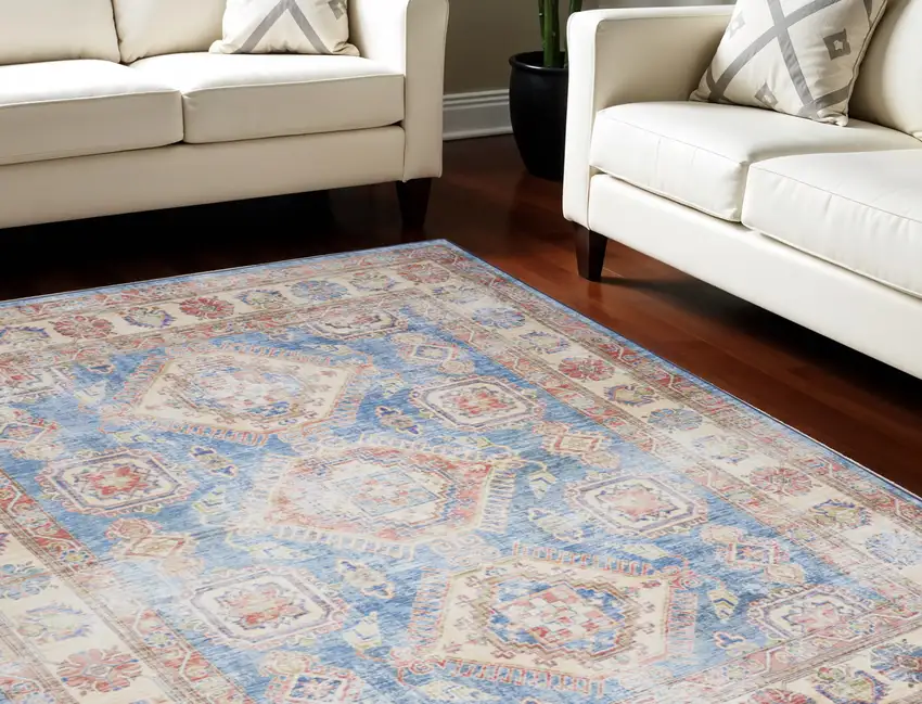 Ivory Red and Blue Medallion Distressed Non Skid Area Rug Photo 1