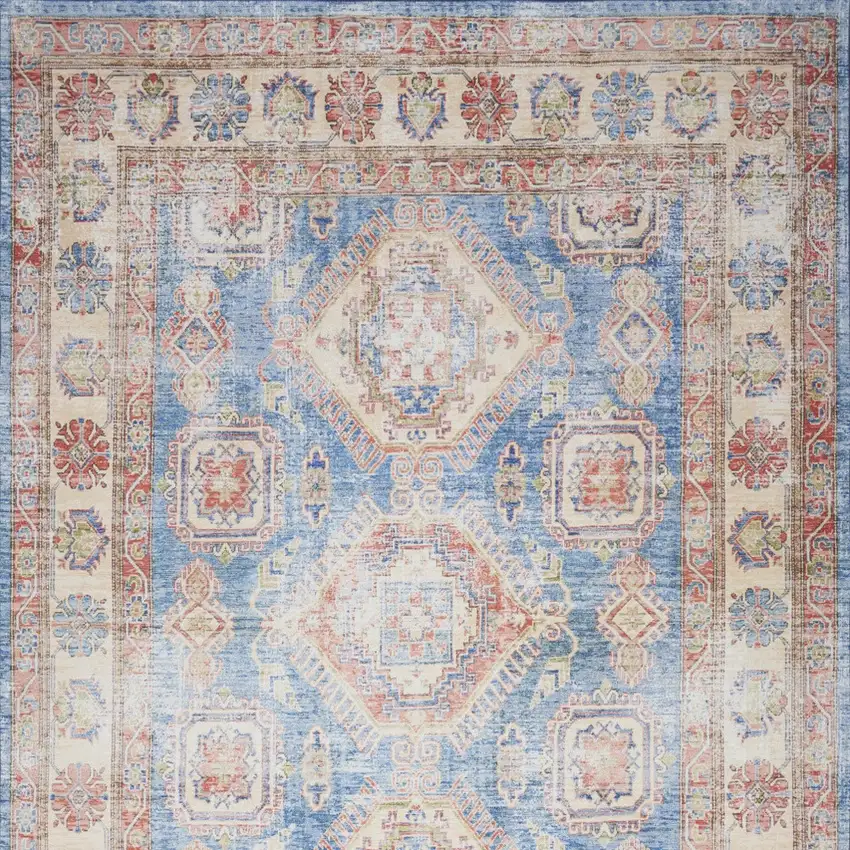 Ivory Red and Blue Medallion Distressed Non Skid Area Rug Photo 8