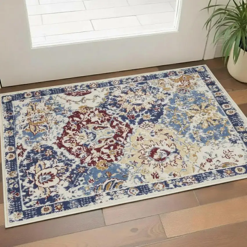 Ivory Red and Blue Ogee Distressed Non Skid Area Rug Photo 1
