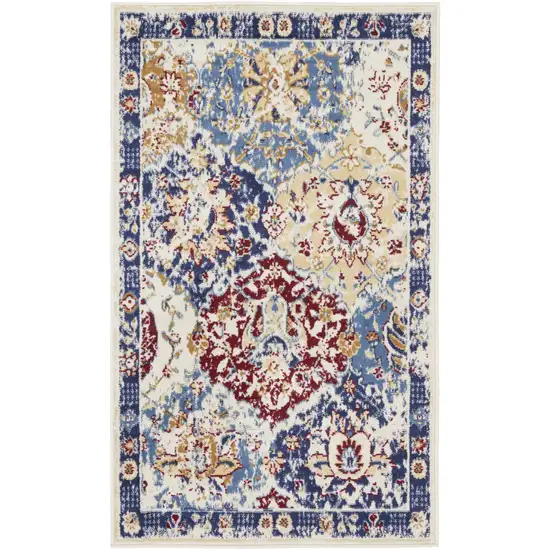 Ivory Red and Blue Ogee Distressed Non Skid Area Rug Photo 4