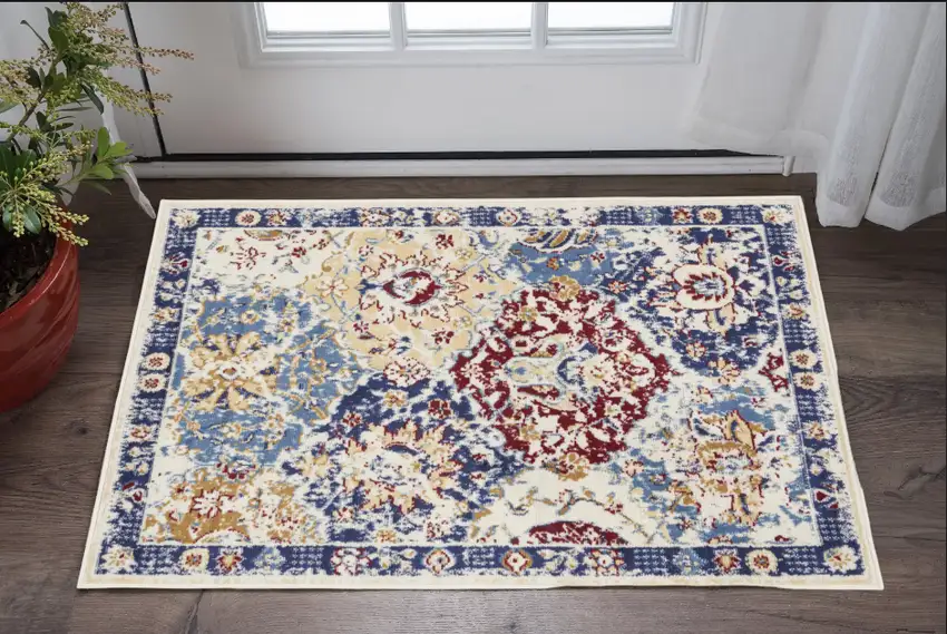 Ivory Red and Blue Ogee Distressed Non Skid Area Rug Photo 1