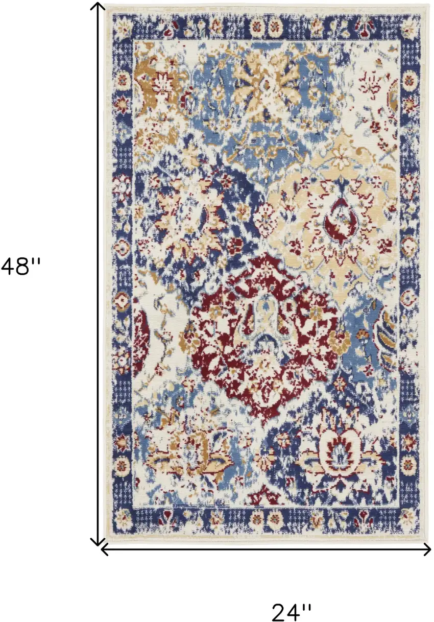 Ivory Red and Blue Ogee Distressed Non Skid Area Rug Photo 3