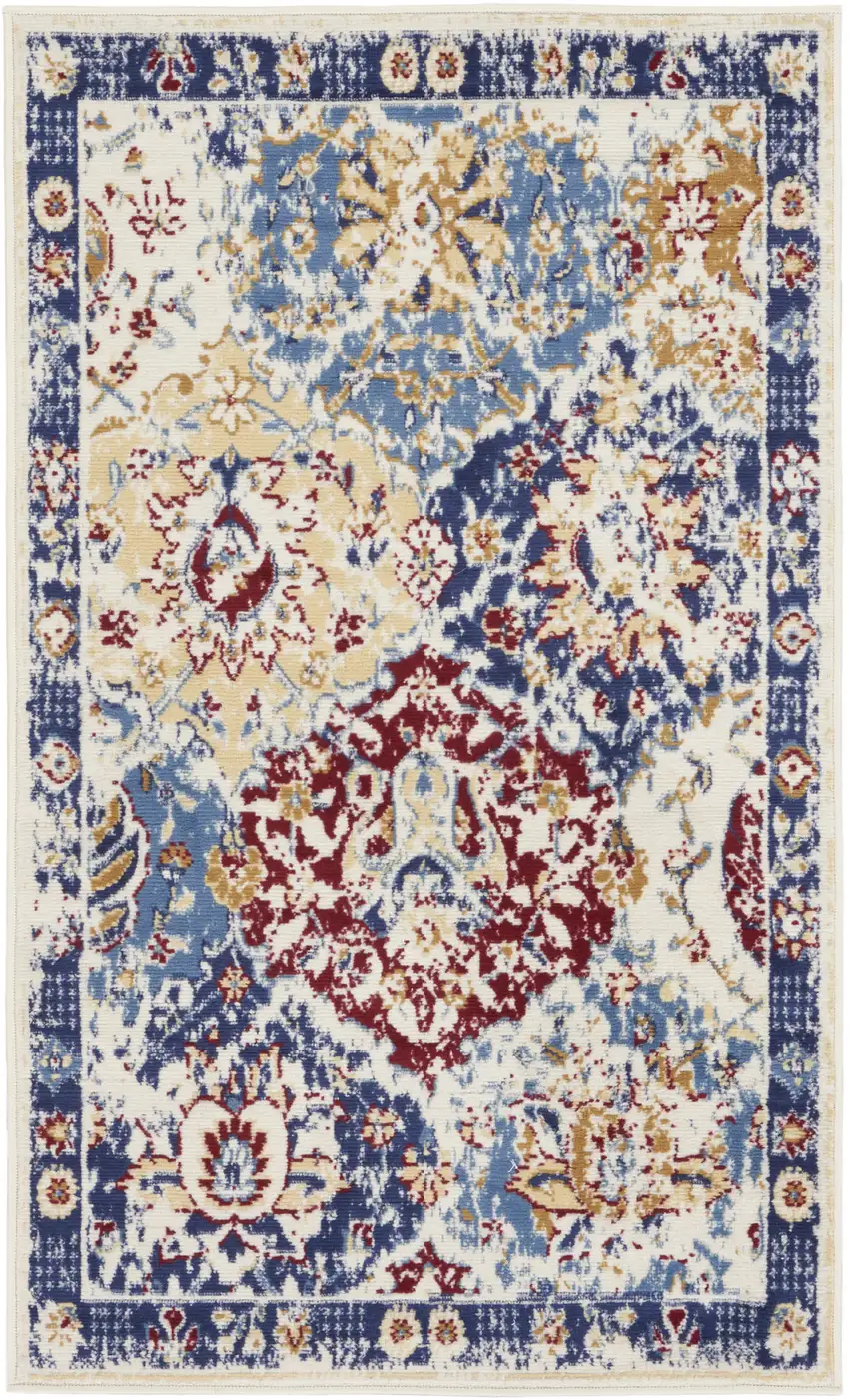 Ivory Red and Blue Ogee Distressed Non Skid Area Rug Photo 4