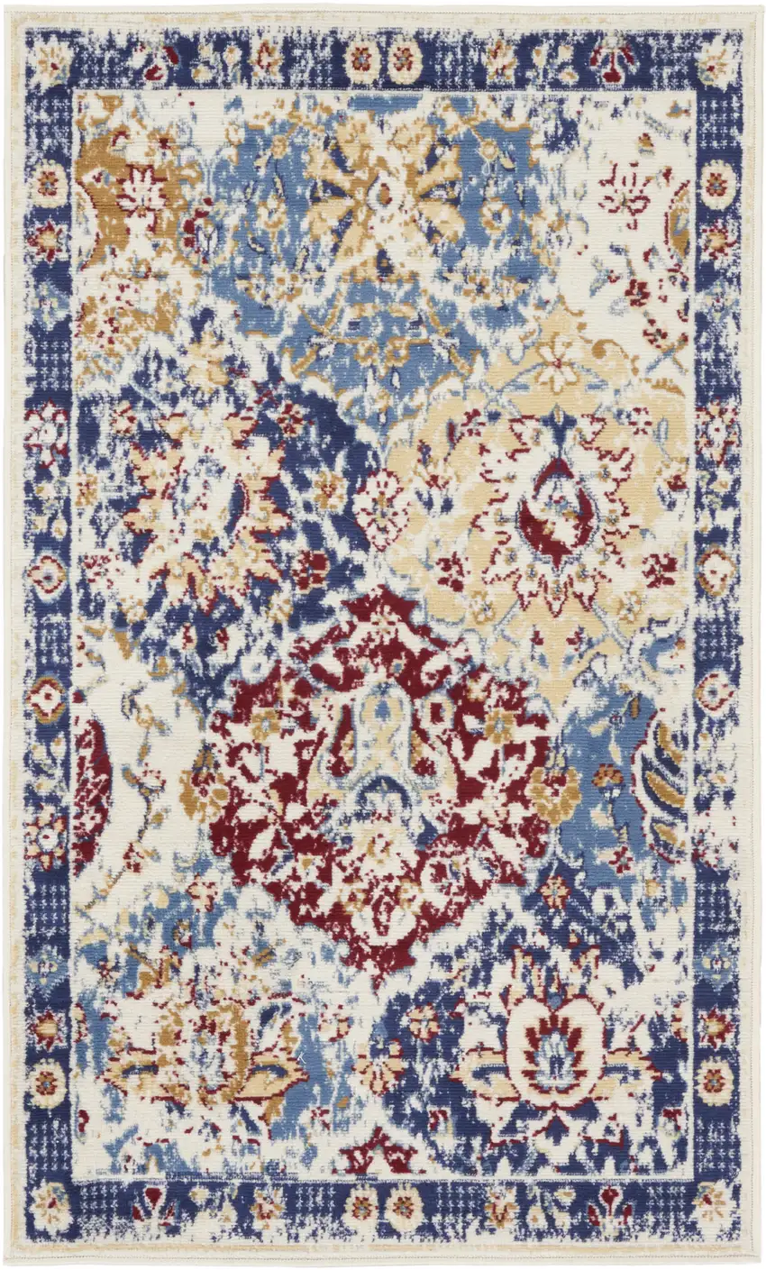 Ivory Red and Blue Ogee Distressed Non Skid Area Rug Photo 1
