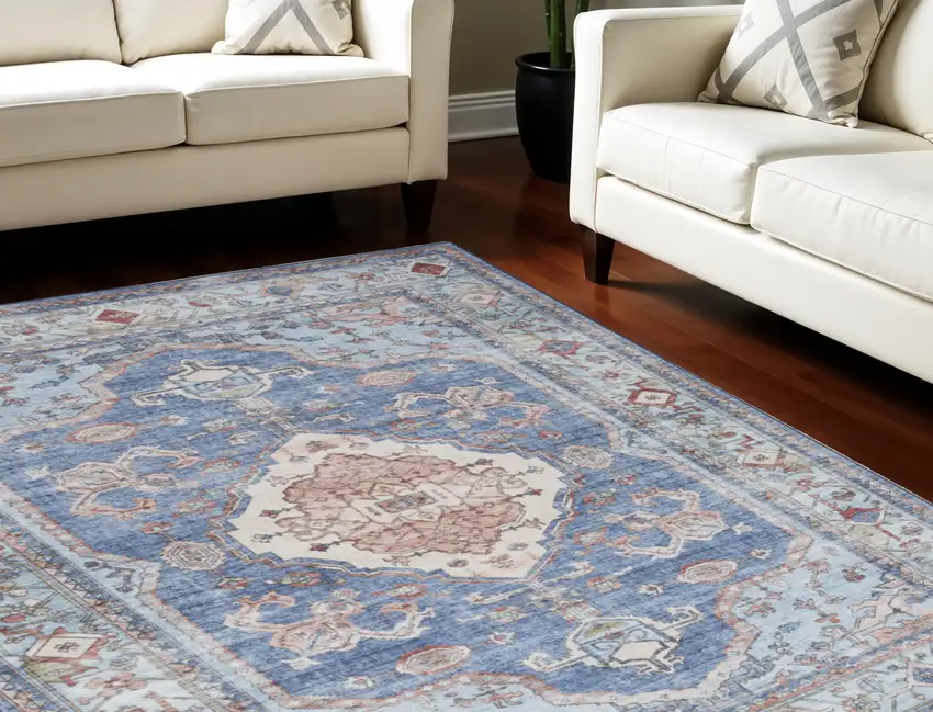 Ivory Red and Blue Oriental Distressed Non Skid Area Rug Photo 1