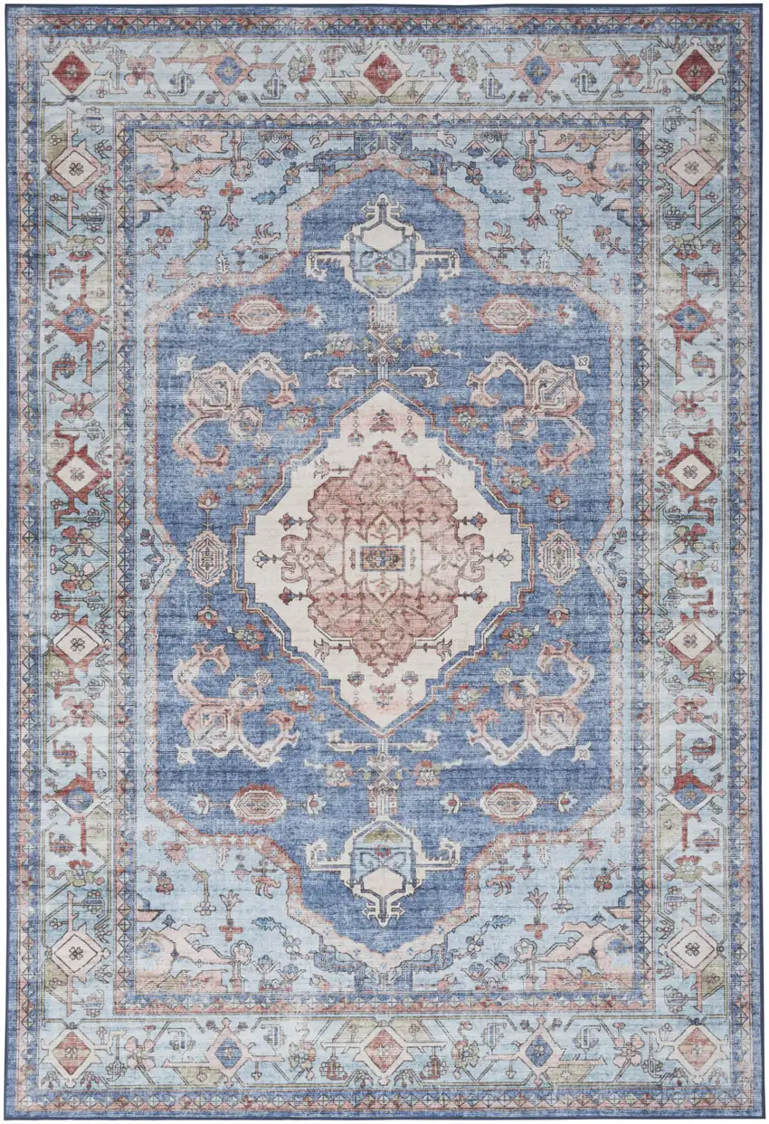 Ivory Red and Blue Oriental Distressed Non Skid Area Rug Photo 2