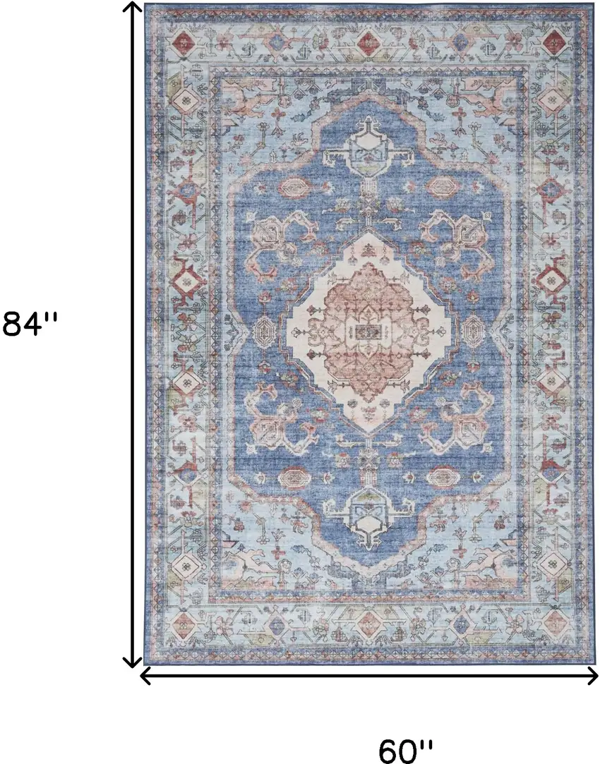 Ivory Red and Blue Oriental Distressed Non Skid Area Rug Photo 3
