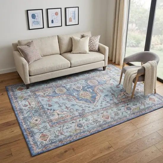 Ivory Red and Blue Oriental Distressed Non Skid Area Rug Photo 1