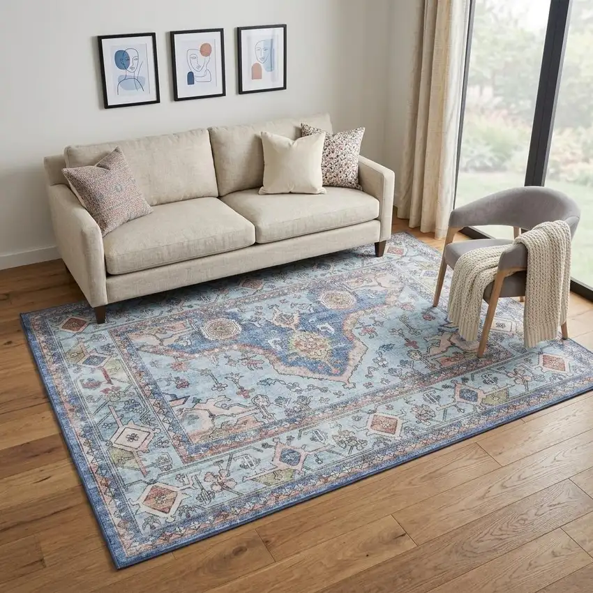 Ivory Red and Blue Oriental Distressed Non Skid Area Rug Photo 1