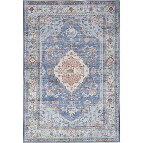 Ivory Red and Blue Oriental Distressed Non Skid Area Rug Photo 1