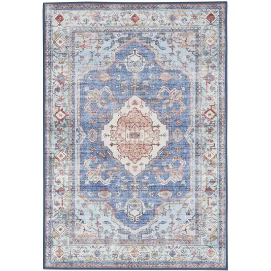 Ivory Red and Blue Oriental Distressed Non Skid Area Rug Photo 1