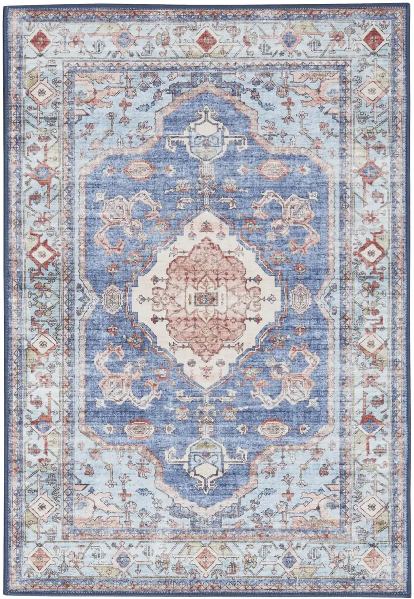 Ivory Red and Blue Oriental Distressed Non Skid Area Rug Photo 1
