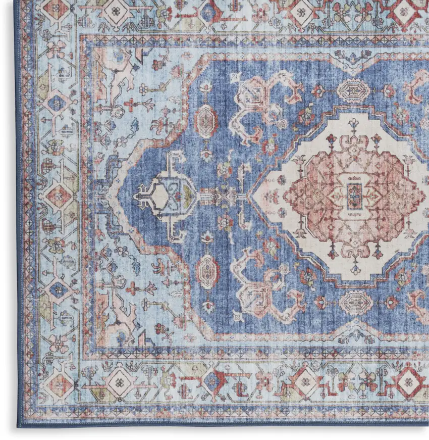 Ivory Red and Blue Oriental Distressed Non Skid Area Rug Photo 4